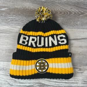 Boston Bruins ’47 Brand Knit Pom Beanie Black Yellow White OSFA Acrylic NHL Hat